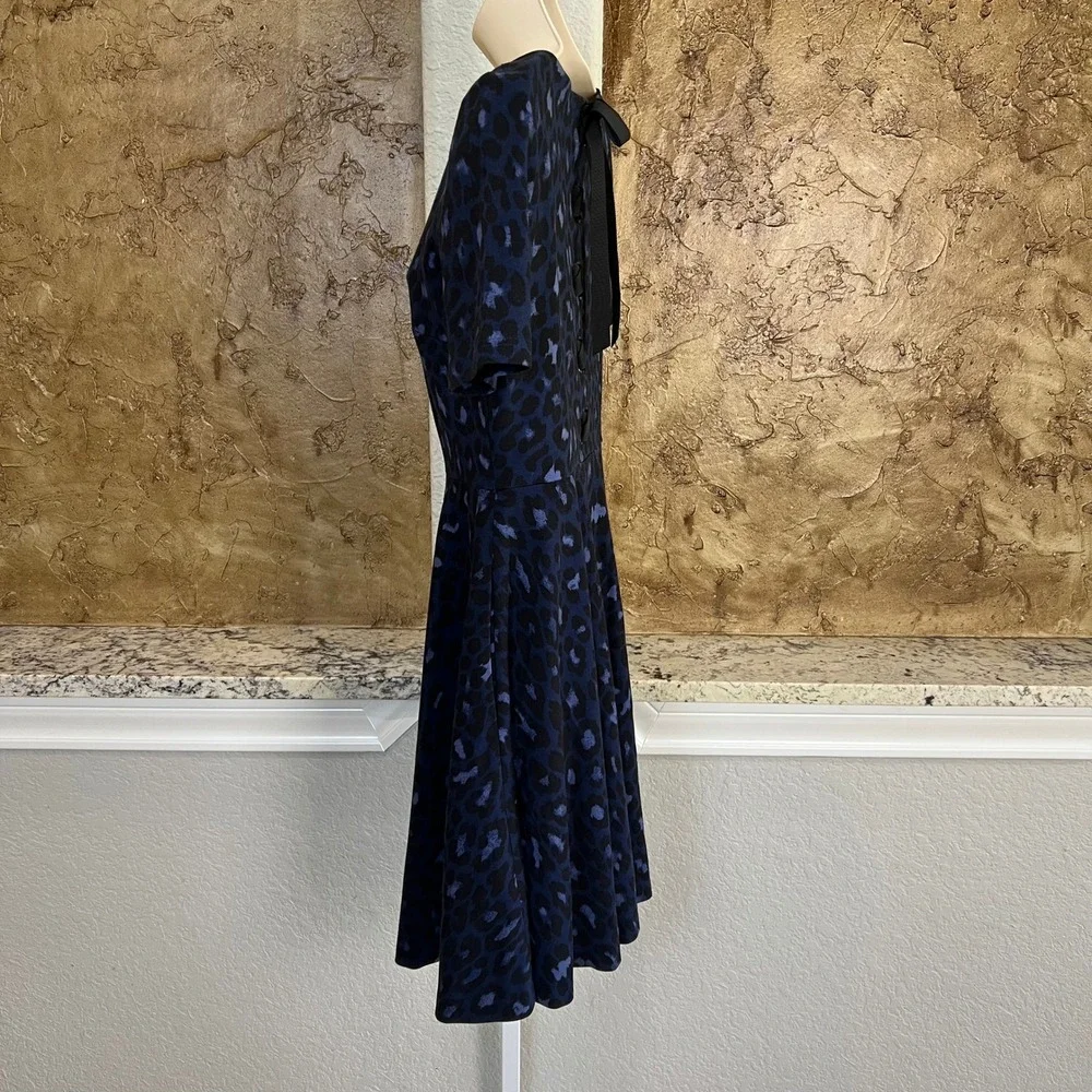Kate Spade Fit Flare Dress Small Blue Leopard Print Lace Up Back Skater Preppy